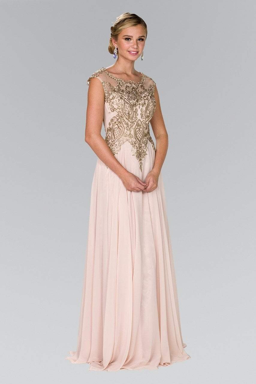 Elizabeth K - GL2407 Cap Sleeve Gilt Embroidered Bodice Gown Special Occasion Dress XS / Champagne/Gold
