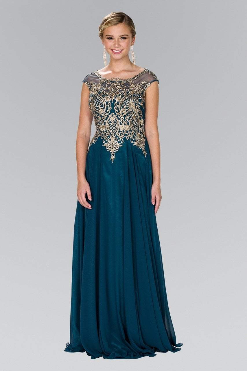 Elizabeth K - GL2407 Cap Sleeve Gilt Embroidered Bodice Gown Special Occasion Dress XS / Teal/Gold