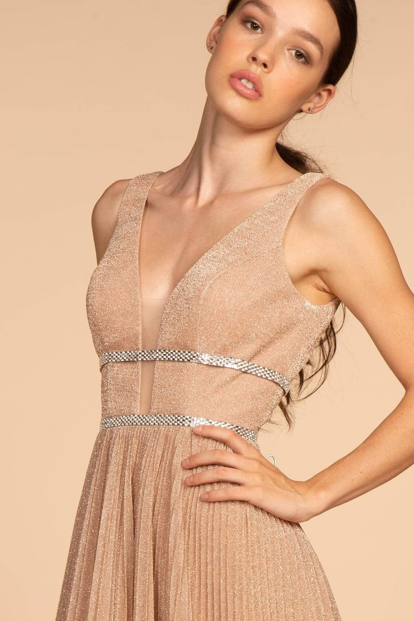 Elizabeth K - GL2501 Illusion Plunging Neck Metallic Prom Dress Special Occasion Dress
