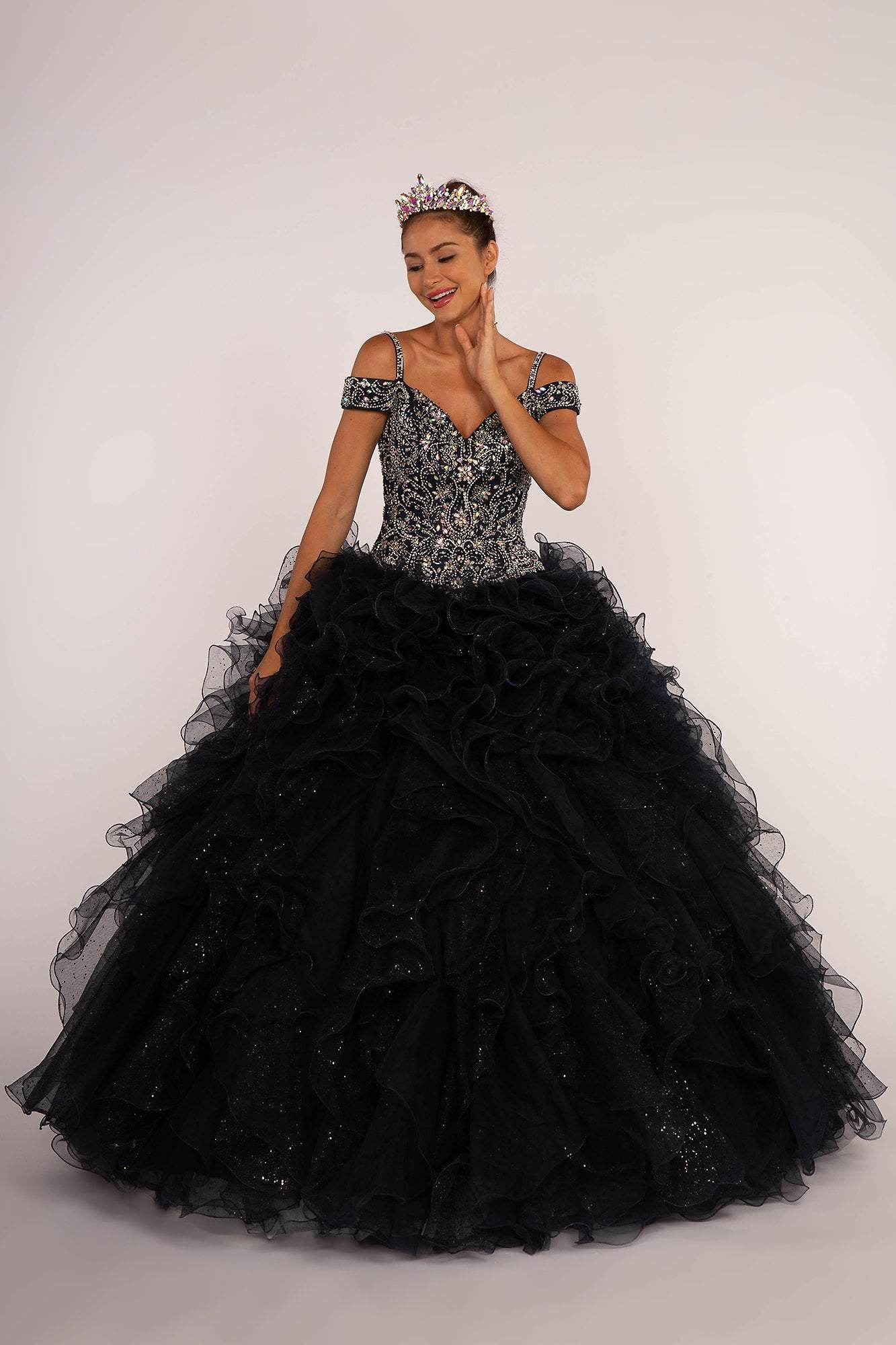 Elizabeth K - GL2516 Intricately Ornate Bodice Ruffled Ballgown Special Occasion Dress XS / Navy