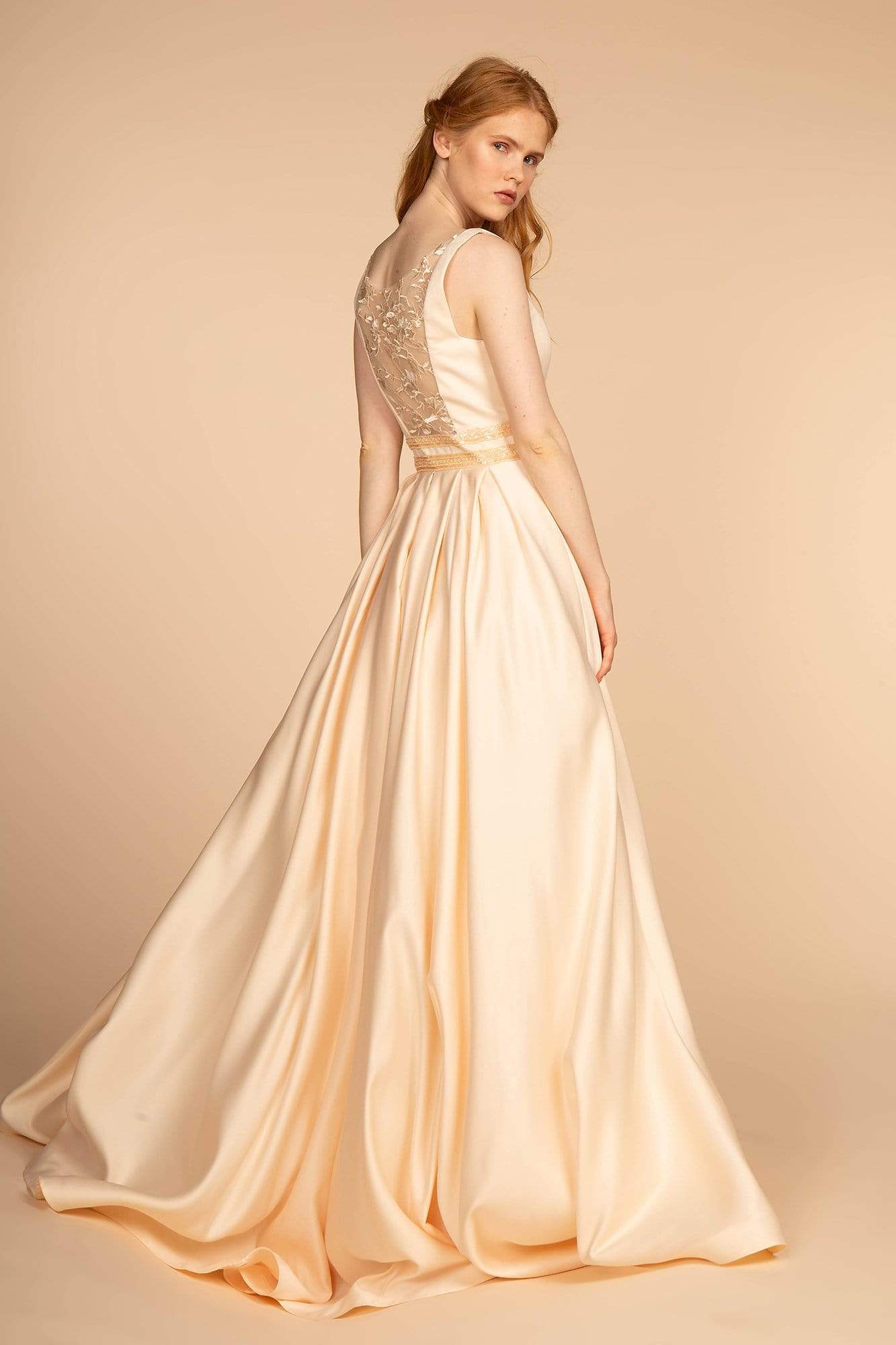 Elizabeth K - GL2531 Sleeveless Sheer Lace Applique Back Satin Gown Special Occasion Dress