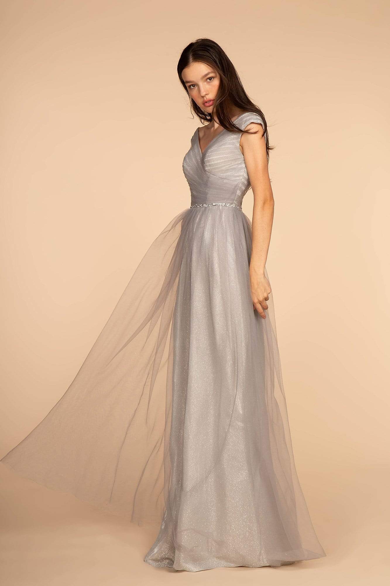 Elizabeth K - GL2560 Cap Sleeve Ruched Mesh Long Gown Prom Dresses XS / Silver