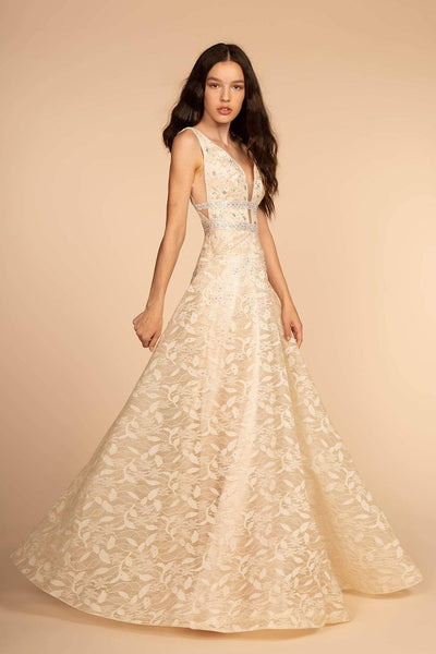 Elizabeth K - GL2580 Jewel-Studded Plunging V-Neck Long Gown Special Occasion Dress XS / Champagne