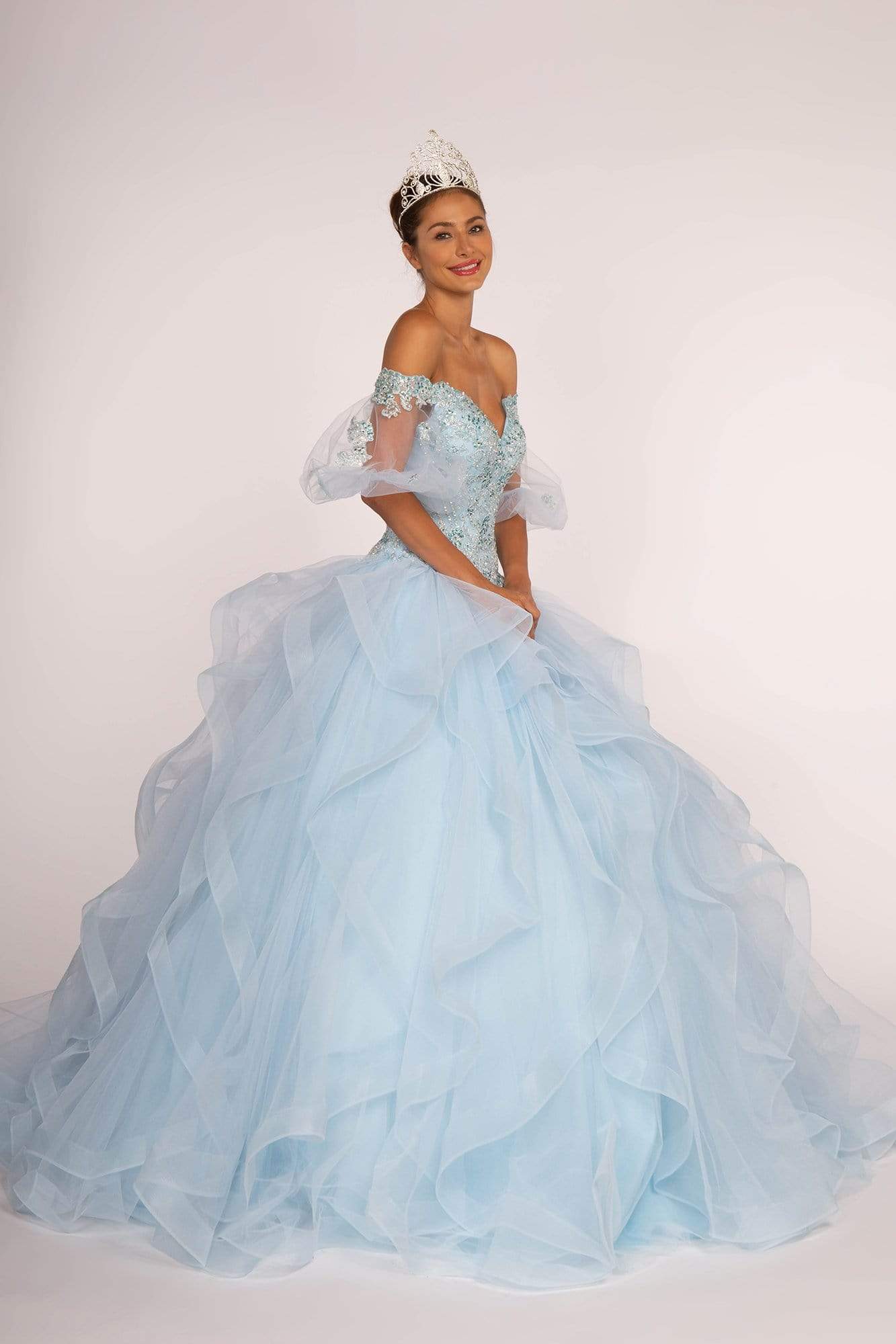 Elizabeth K - GL2601 Beaded Off-Shoulder Ruffed Ballgown Special Occasion Dress XS / Baby Blue