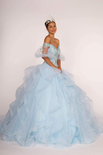 Elizabeth K - GL2601 Beaded Off-Shoulder Ruffed Ballgown Special Occasion Dress XS / Baby Blue