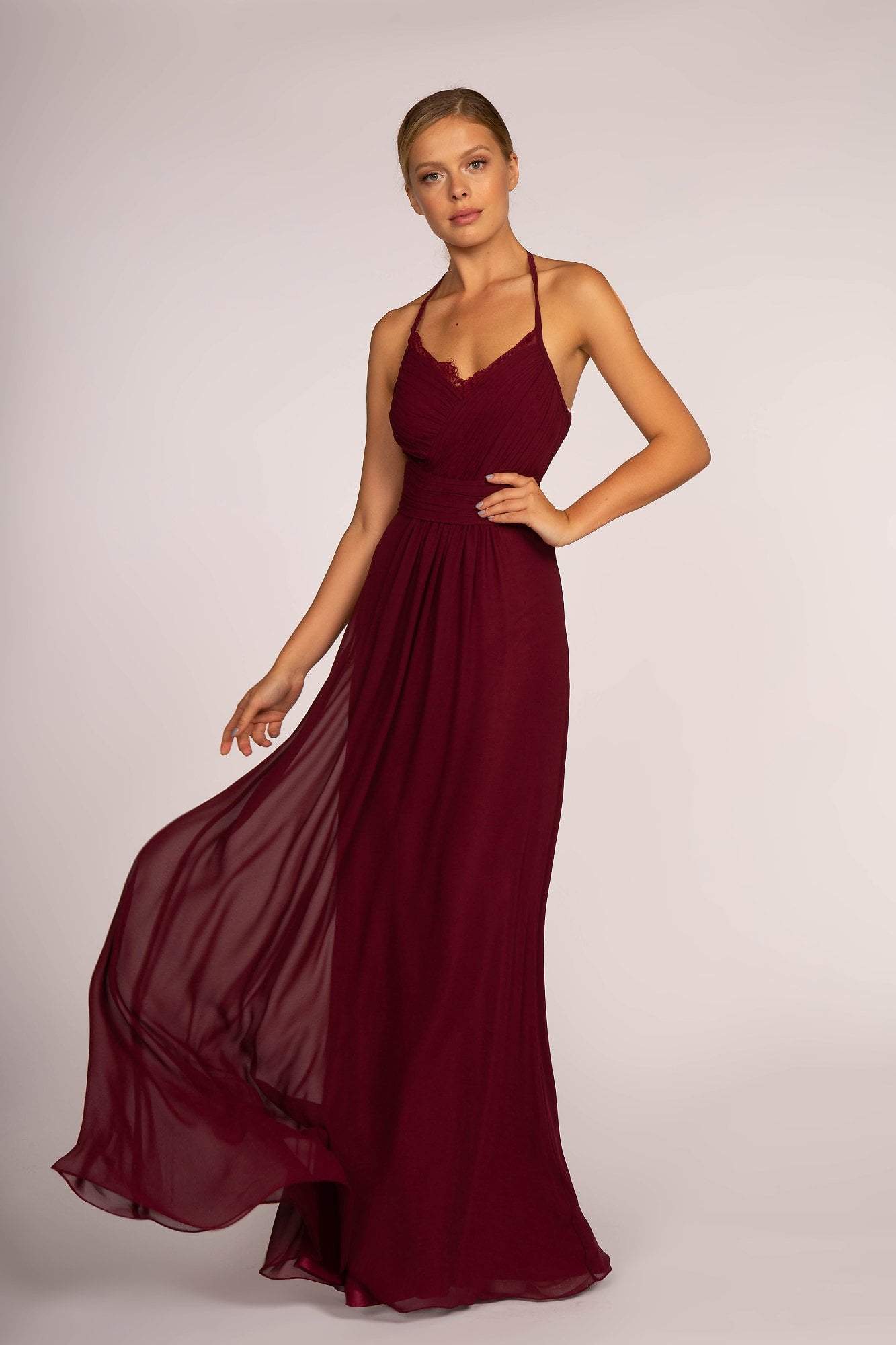 Elizabeth K - GL2606 Lace Pleated Halter Chiffon A-line Dress Bridesmaid Dresses XS / Wine