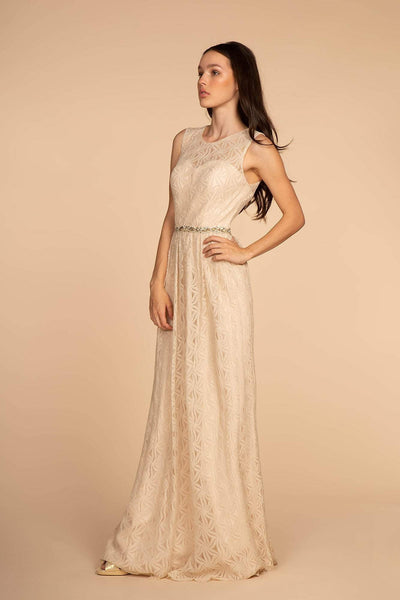 Elizabeth K - GL2611 Floral Lace Jewel A-Line Evening Gown Bridesmaid Dresses XS / Champagne