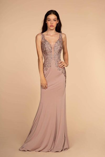 Elizabeth K - GL2614 Lace Deep V-neck Jersey Sheath Dress Special Occasion Dress XS / Mauve