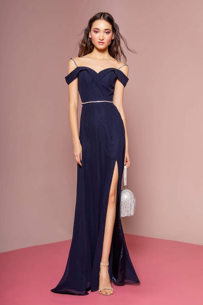 Elizabeth K - GL2665 Surplice Off Shoulder High Slit Gown Special Occasion Dress XS / Navy