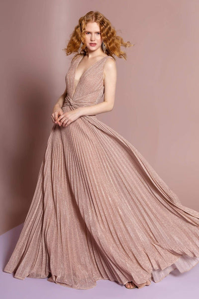Elizabeth K - GL2687 Deep V-neck Pleated A-line Dress Evening Dresses XS / Rose Gold