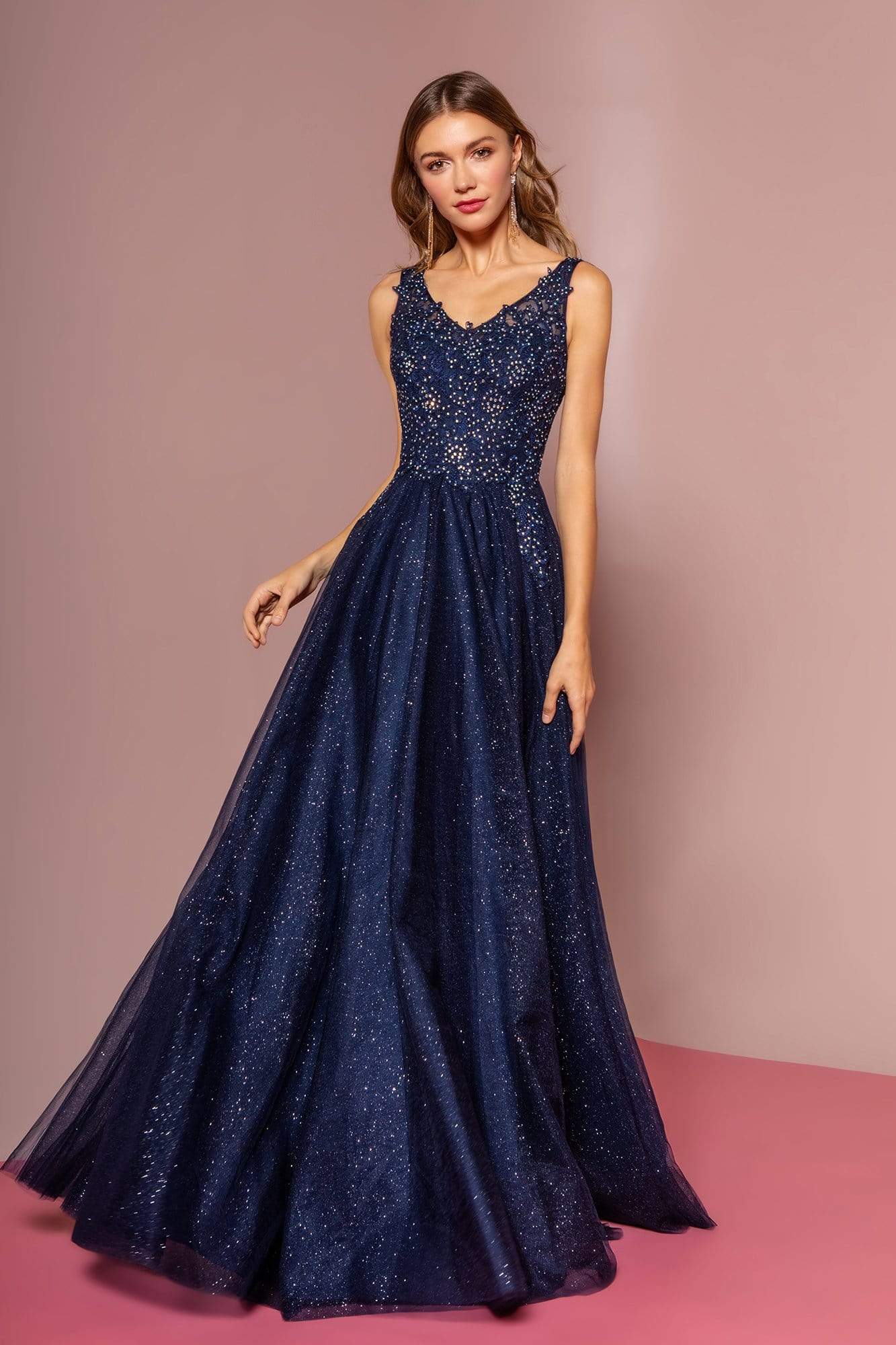 Elizabeth K - GL2692 Embroidered V-Neck A-Line Dress Special Occasion Dress XS / Navy