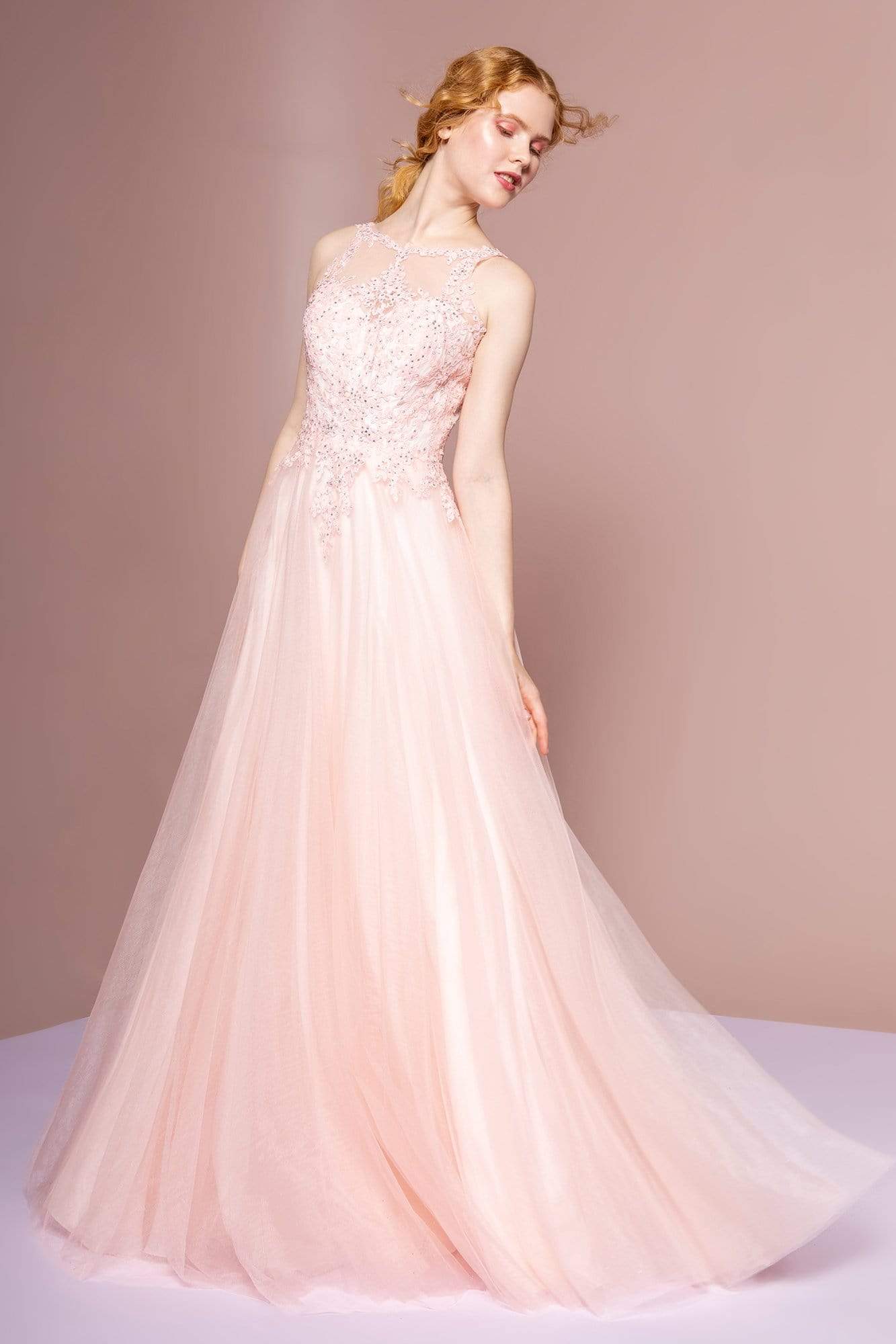 Elizabeth K - GL2693 Beaded Lace A-Line Evening Dress Special Occasion Dress XS / Blush
