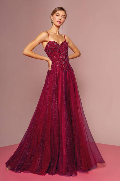 Elizabeth K - GL2694 Embroidered Bodice Glitter A-Line Gown Bridesmaid Dresses XS / Burgundy