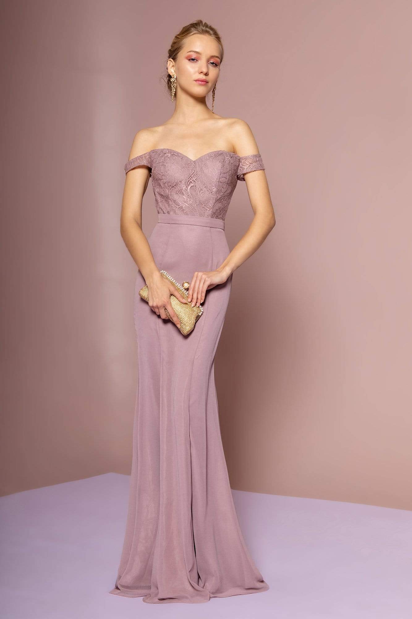 Elizabeth K - GL2697 Off Shoulder Lace Bodice Mermaid Gown Bridesmaid Dresses XS / Mauve