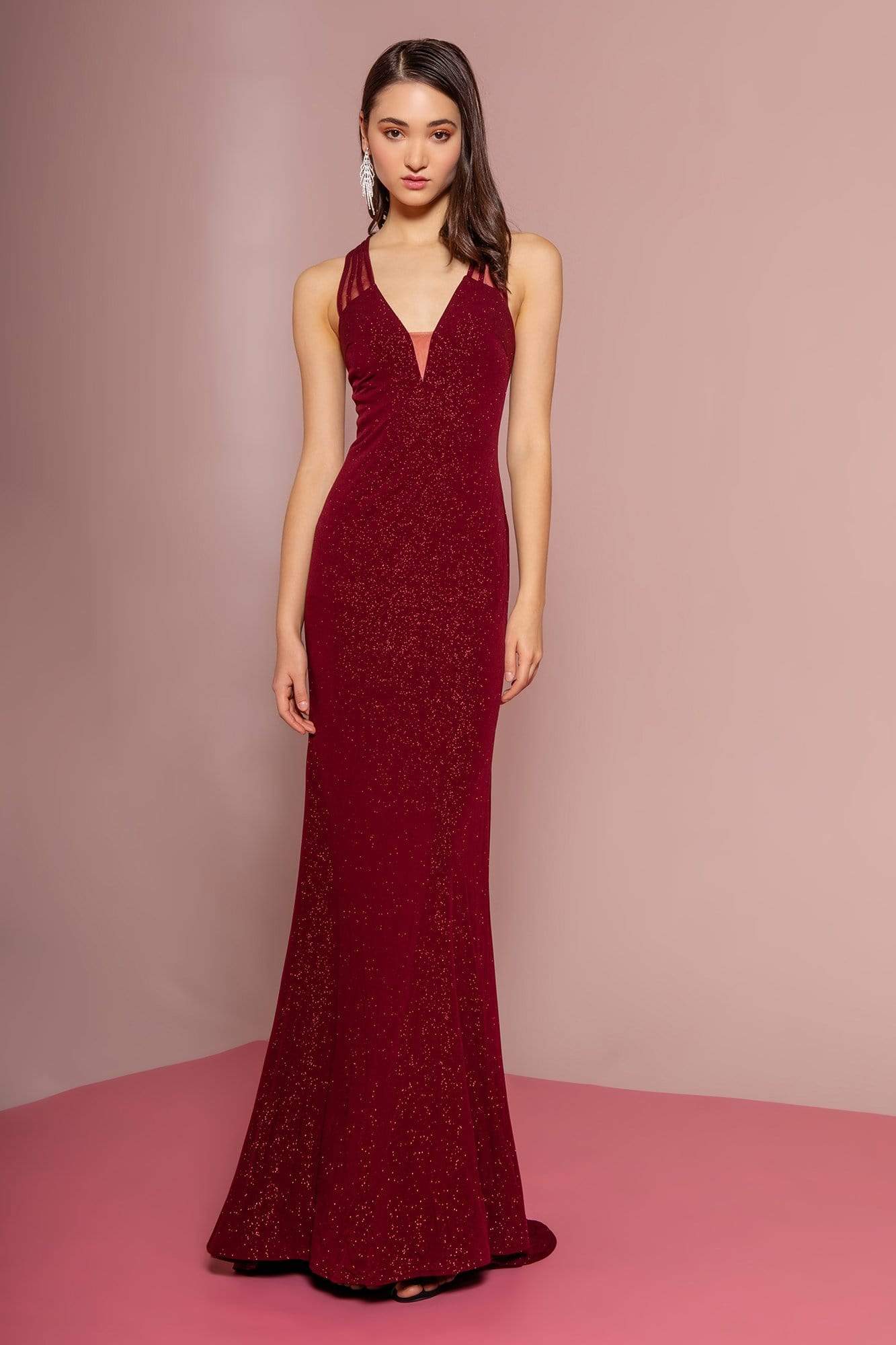 Elizabeth K - GL2704 Glitter Crepe Deep V-neck Trumpet Dress Special Occasion Dress XS / Burgundy
