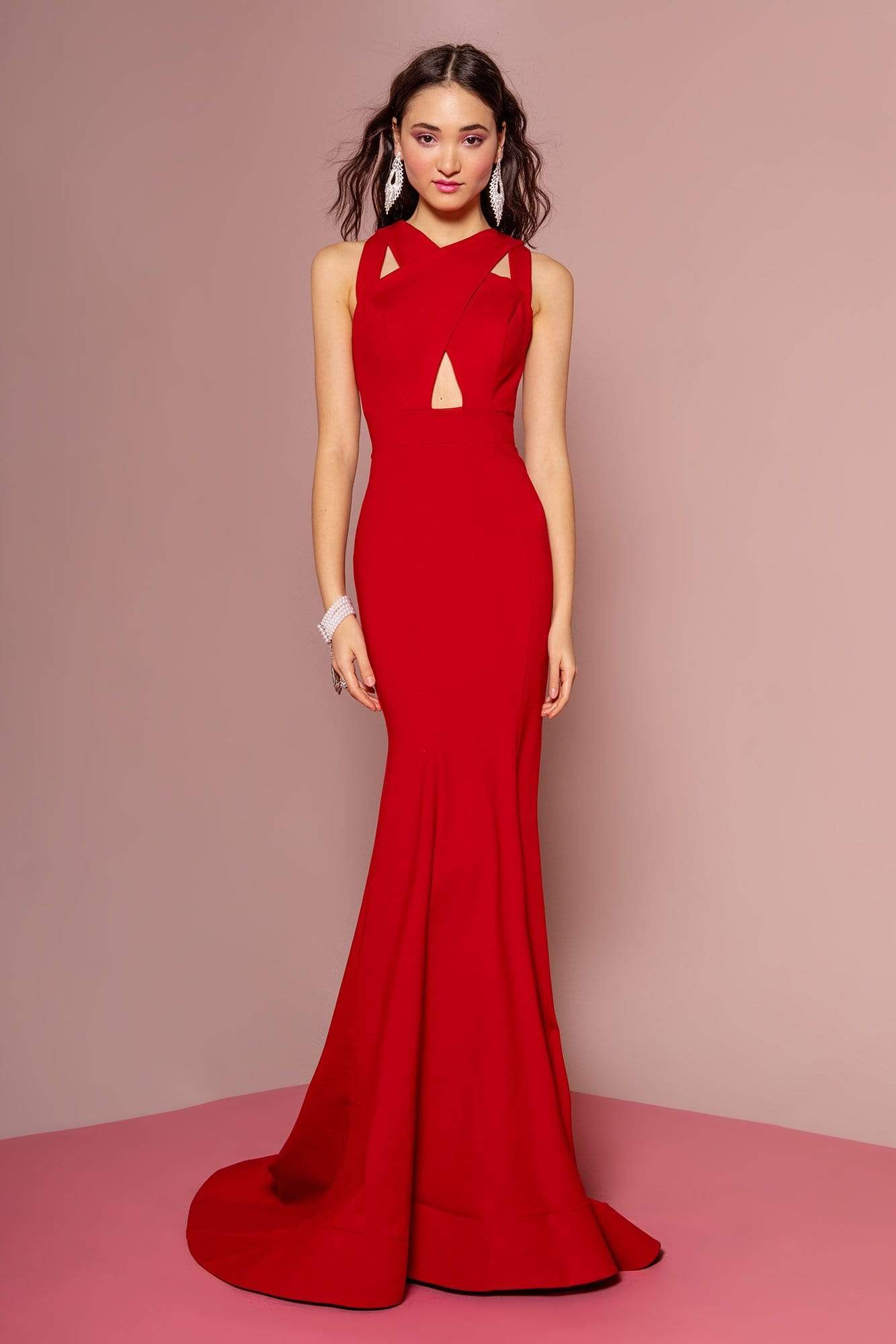 Elizabeth K - GL2706 Jersey Cross Halter Mermaid Dress With Cutouts Special Occasion Dress XS / Red