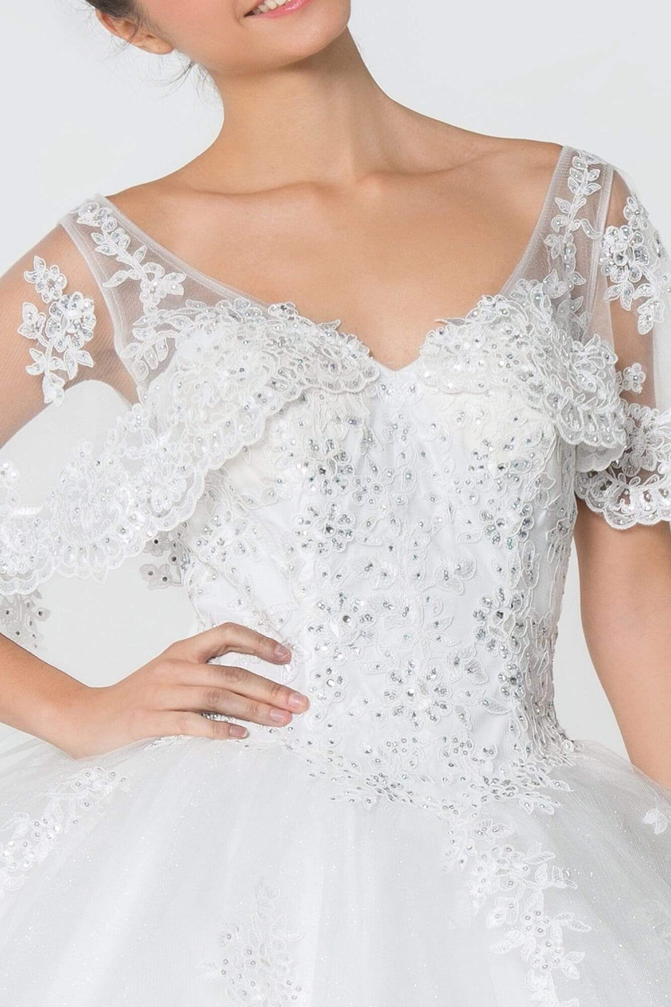 Elizabeth K - GL2800 Sheer Cape Sleeve Appliqued Glitter Ballgown Quinceanera Dresses