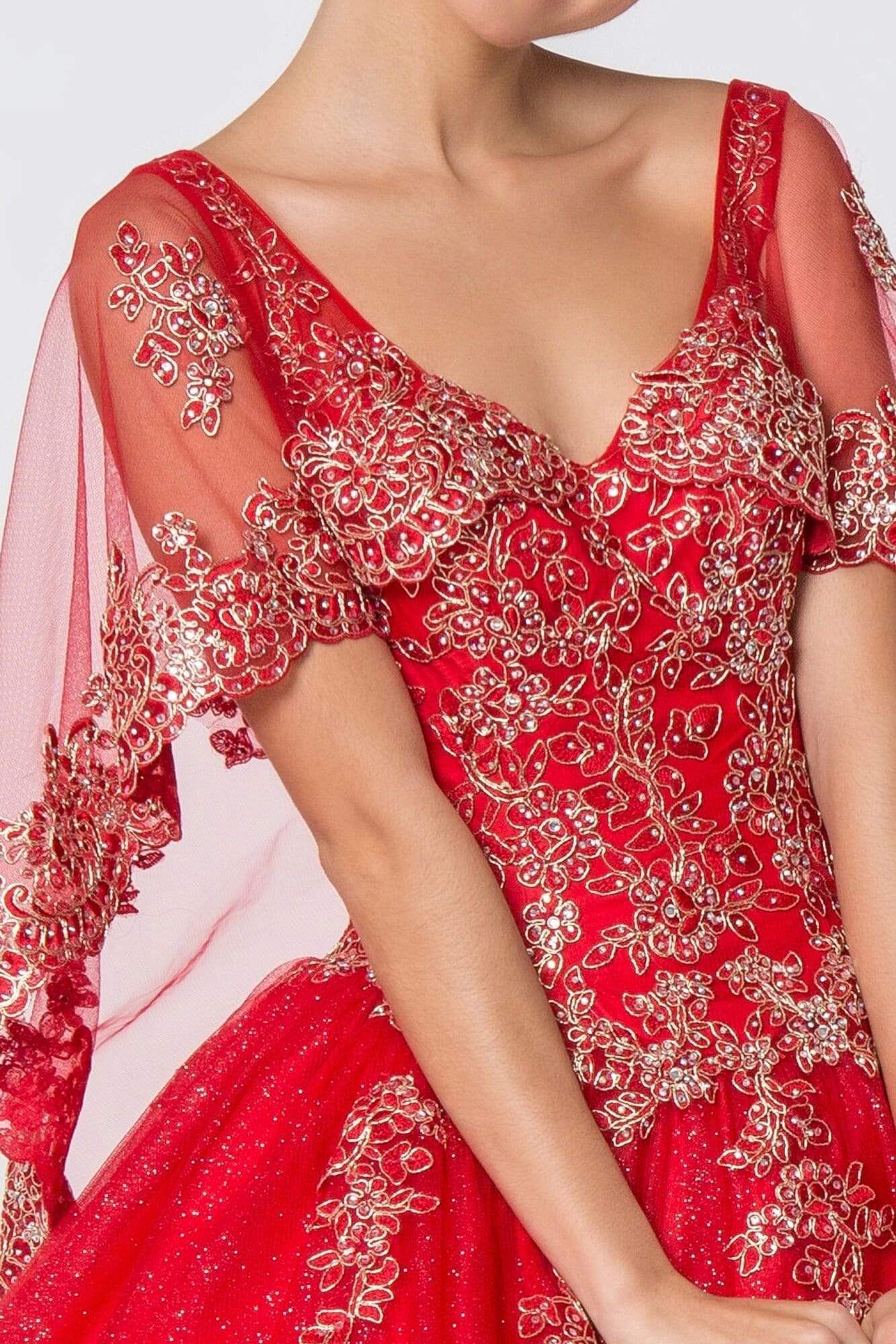 Elizabeth K - GL2800 Sheer Cape Sleeve Appliqued Glitter Ballgown Quinceanera Dresses