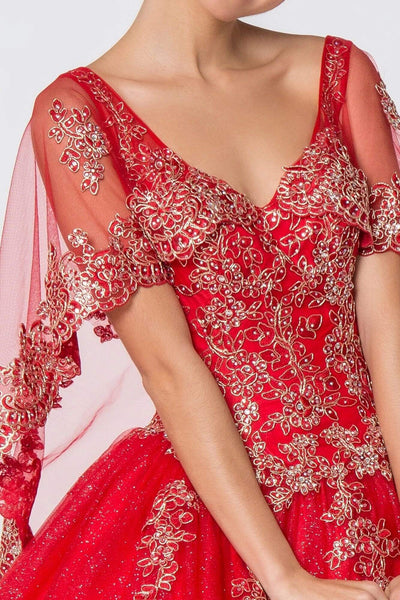 Elizabeth K - GL2800 Sheer Cape Sleeve Appliqued Glitter Ballgown Quinceanera Dresses