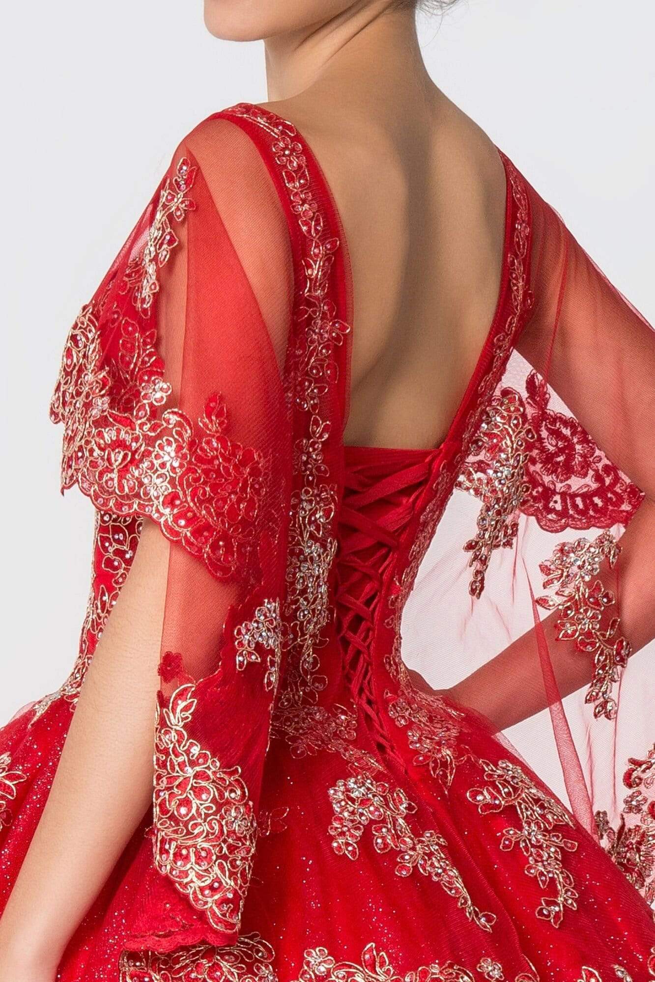 Elizabeth K - GL2800 Sheer Cape Sleeve Appliqued Glitter Ballgown Quinceanera Dresses