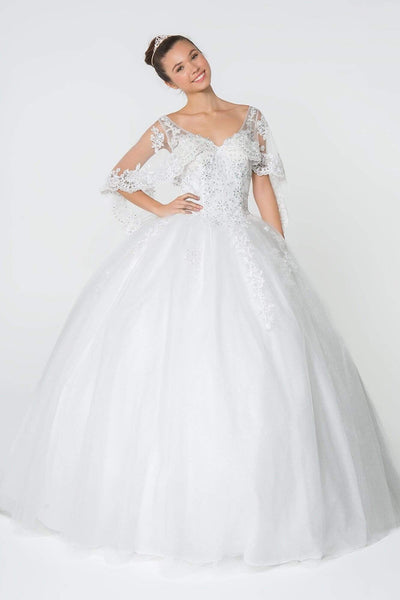Elizabeth K - GL2800 Sheer Cape Sleeve Appliqued Glitter Ballgown Quinceanera Dresses XS / Off White