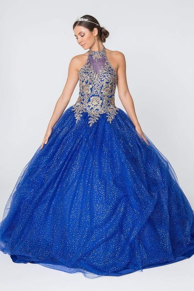 Elizabeth K - GL2805 Gilt Embroidered Halter Glitter Ballgown Quinceanera Dresses XS / Royal Blue