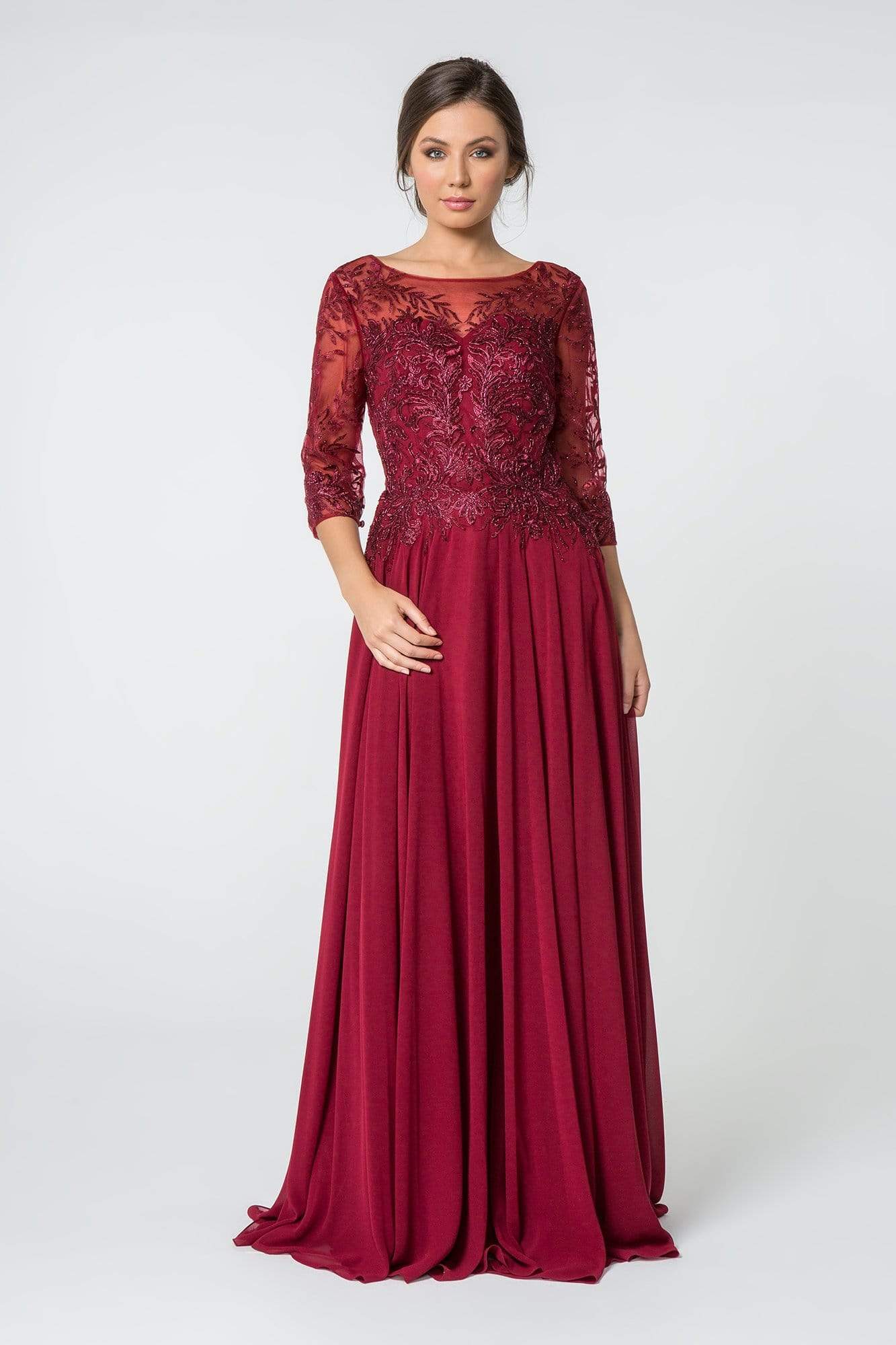 Elizabeth K - GL2810 Embroidered Bateau Chiffon A-line Gown Mother of the Bride Dresses XS / Burgundy