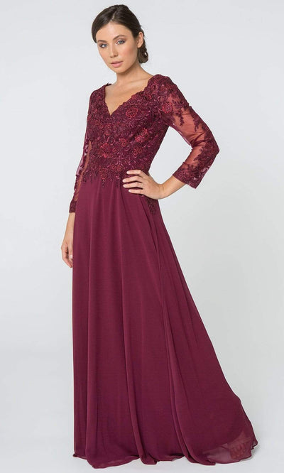 Elizabeth K - GL2825 Embellished V-neck Chiffon A-line Dress Mother of the Bride Dresses XS / Wine