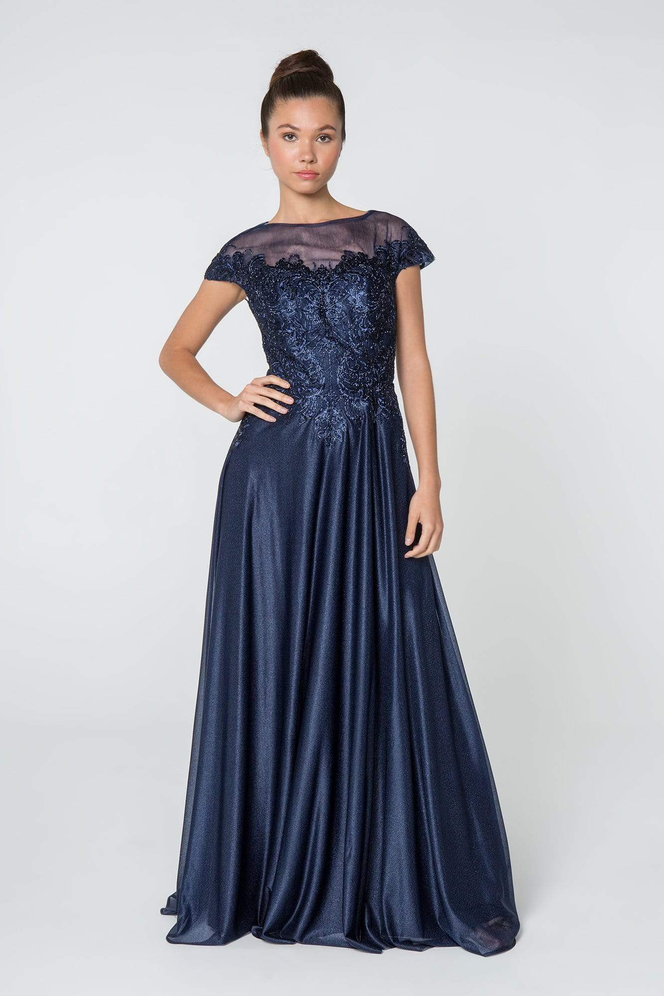 Elizabeth K - GL2828 Embellished Lace Bateau Chiffon A-line Gown Mother of the Bride Dresses XS / Navy