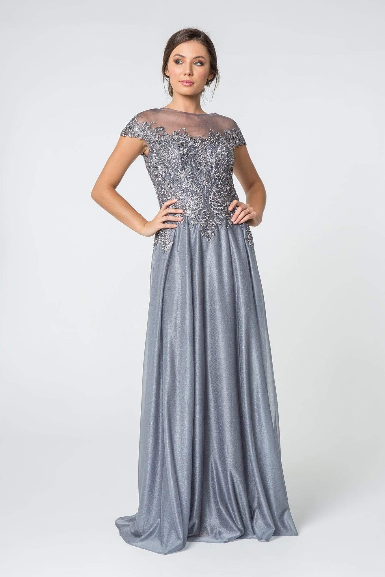 Elizabeth K - GL2828 Embellished Lace Bateau Chiffon A-line Gown Mother of the Bride Dresses XS / Silver