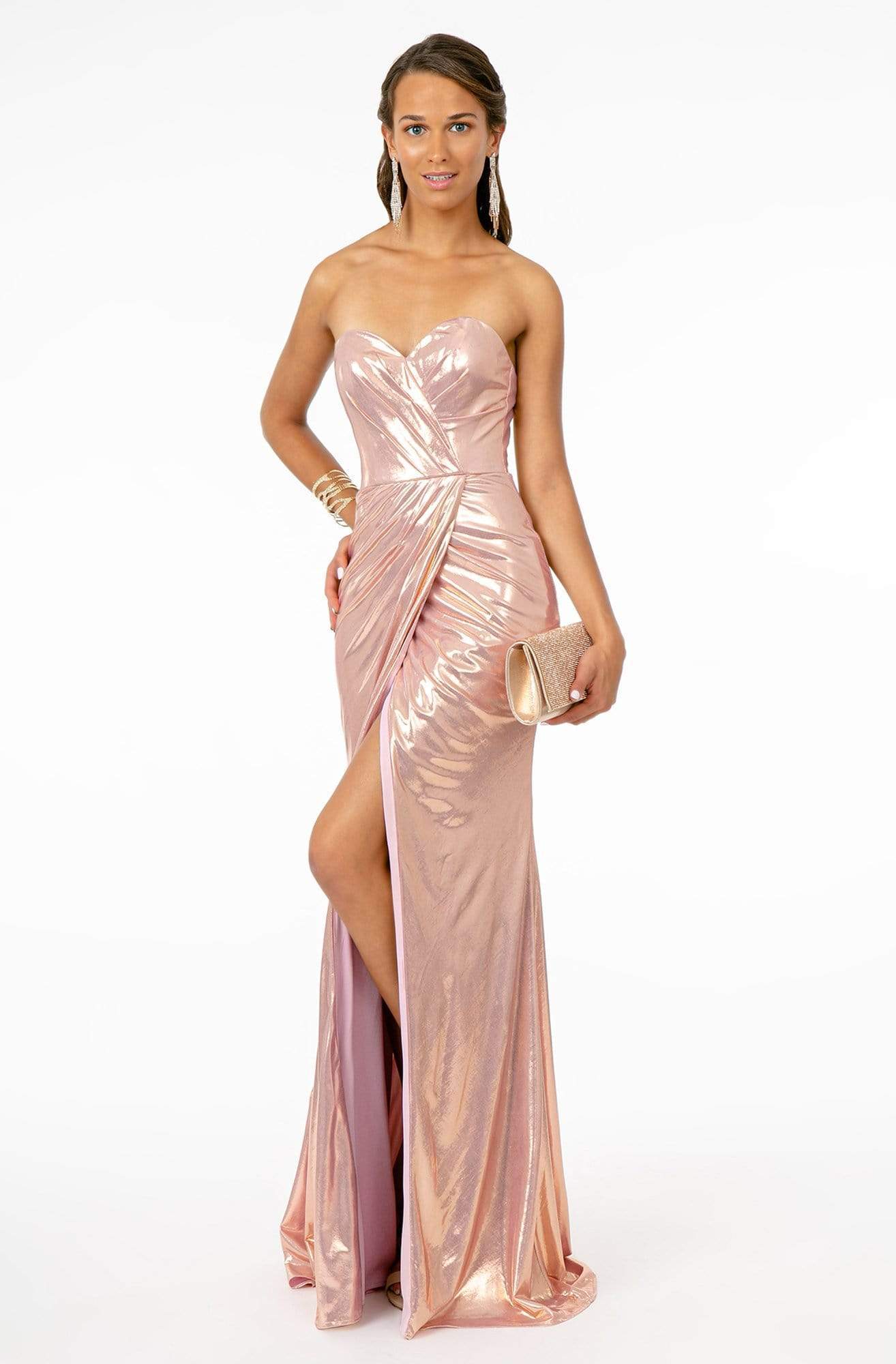 Elizabeth K - GL2894 Strapless Sweetheart High Slit Fitted Satin Gown Prom Dresses XS / Rose Gold