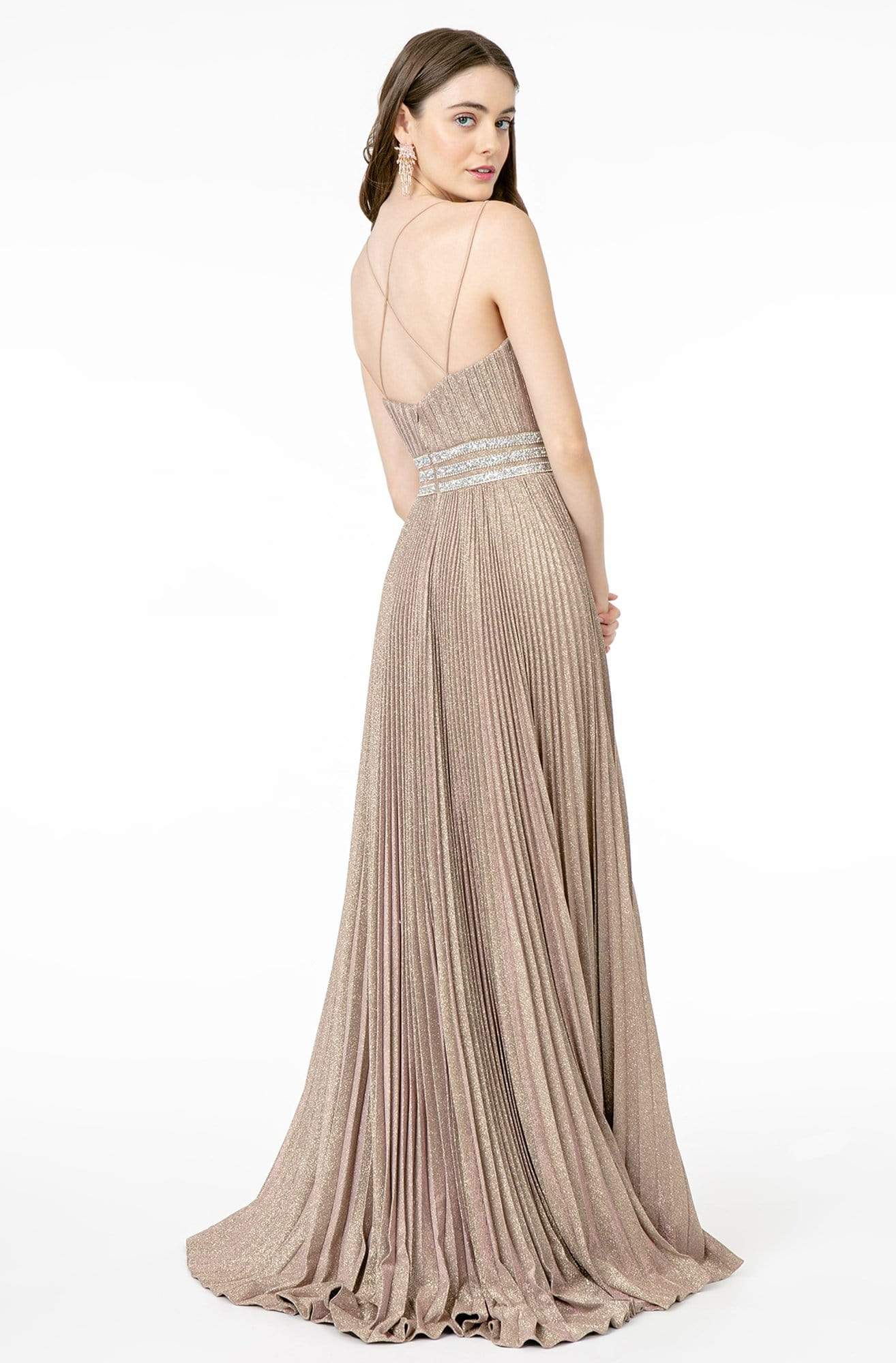 Elizabeth K - GL2905 Deep V Neck Pleated Metallic Glitter A-Line Gown Prom Dresses