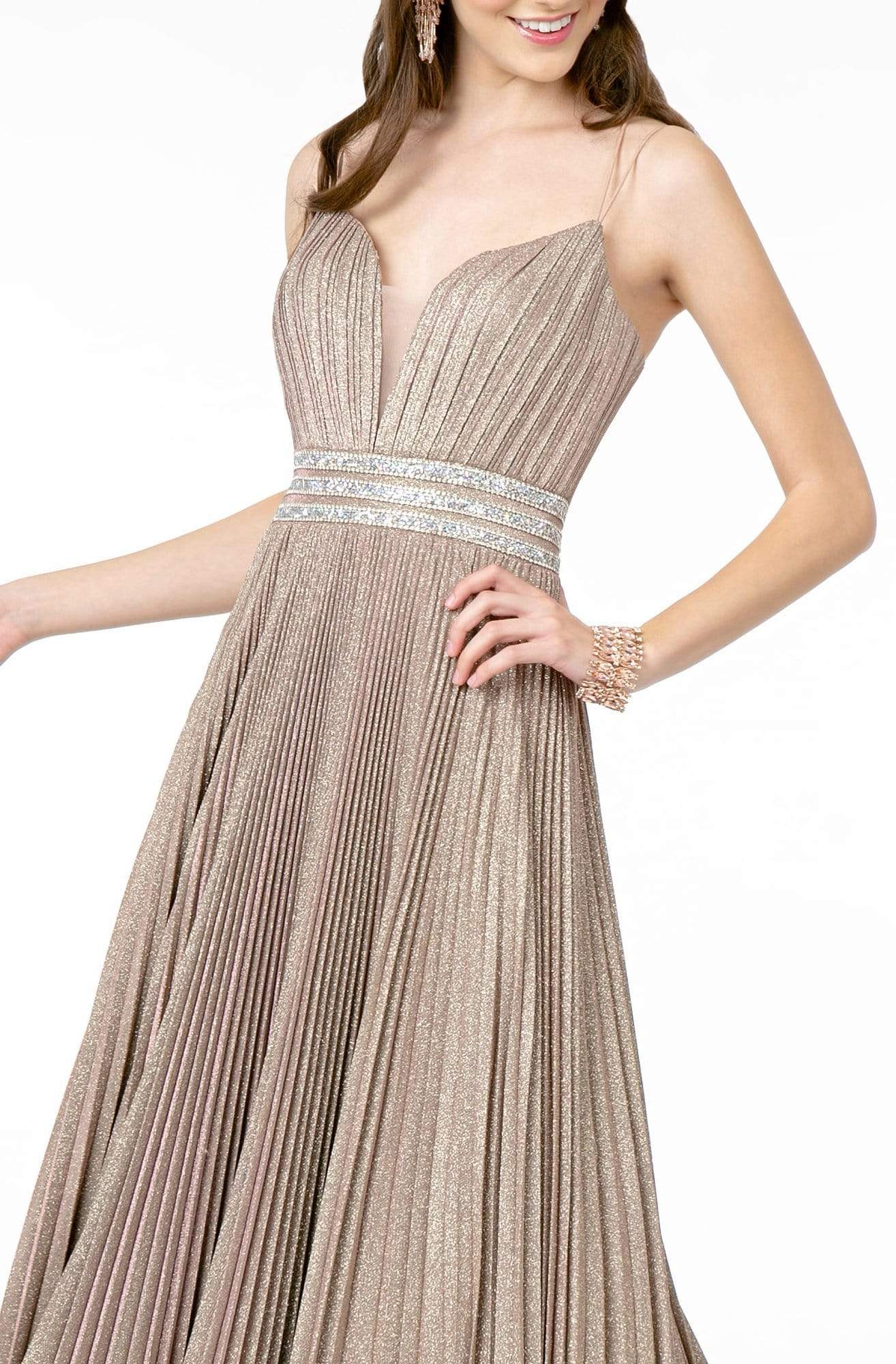 Elizabeth K - GL2905 Deep V Neck Pleated Metallic Glitter A-Line Gown Prom Dresses