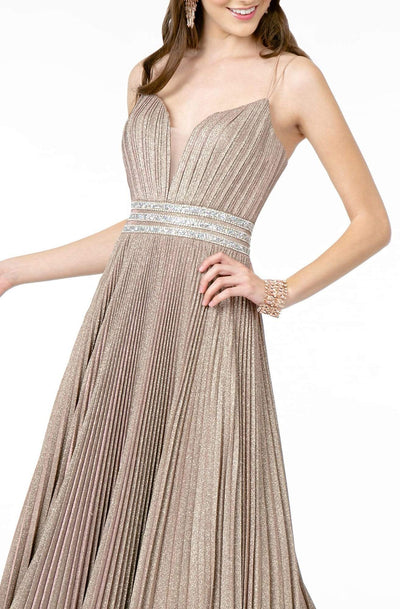 Elizabeth K - GL2905 Deep V Neck Pleated Metallic Glitter A-Line Gown Prom Dresses