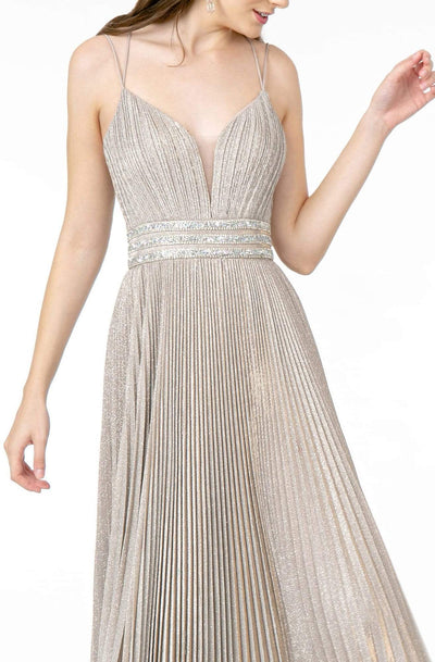 Elizabeth K - GL2905 Deep V Neck Pleated Metallic Glitter A-Line Gown Prom Dresses
