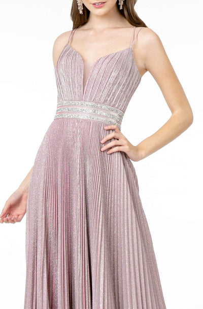 Elizabeth K - GL2905 Deep V Neck Pleated Metallic Glitter A-Line Gown Prom Dresses
