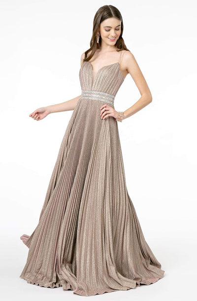 Elizabeth K - GL2905 Deep V Neck Pleated Metallic Glitter A-Line Gown Prom Dresses XS / D/Rose
