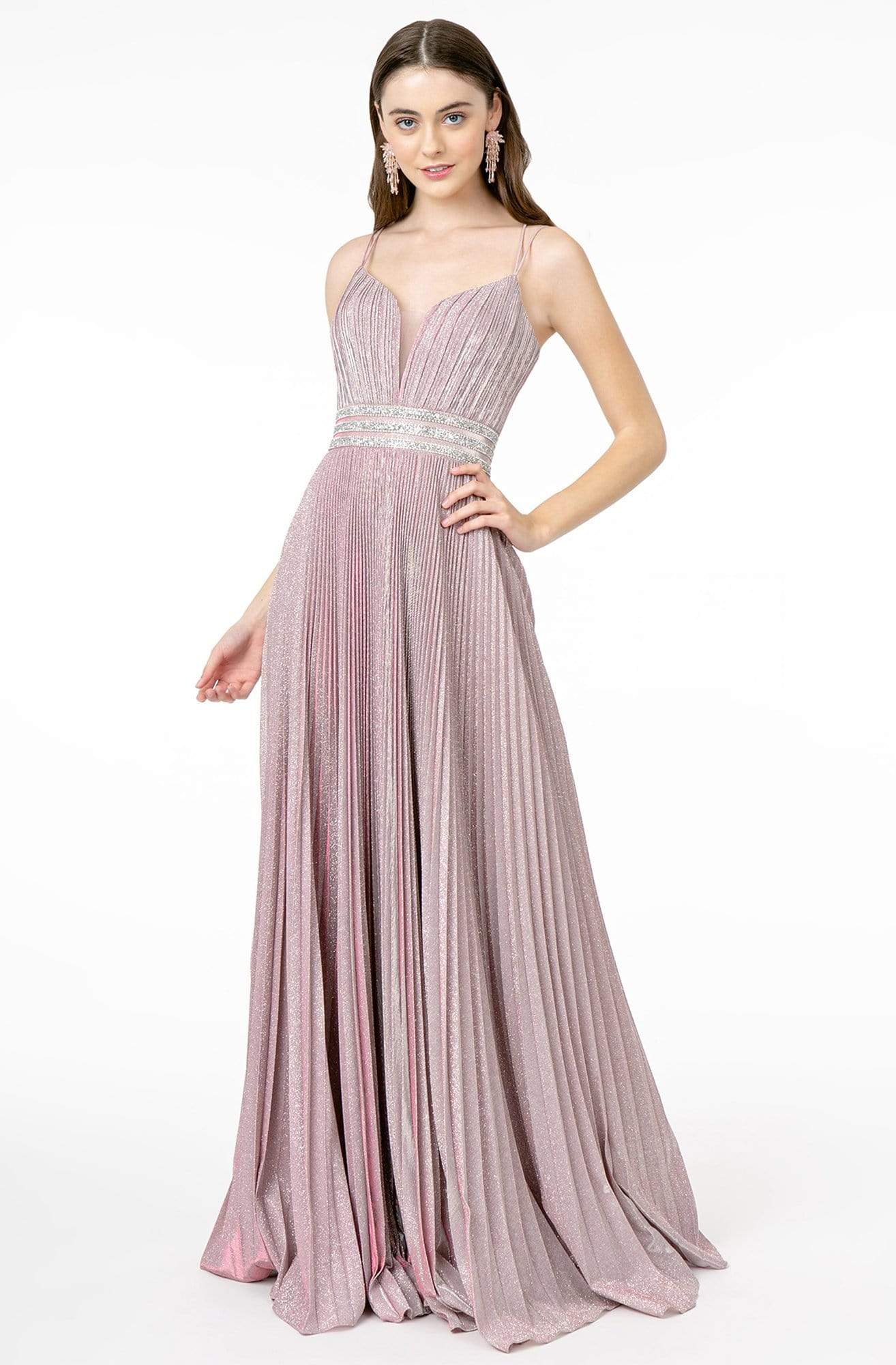 Elizabeth K - GL2905 Deep V Neck Pleated Metallic Glitter A-Line Gown Prom Dresses XS / Mauve