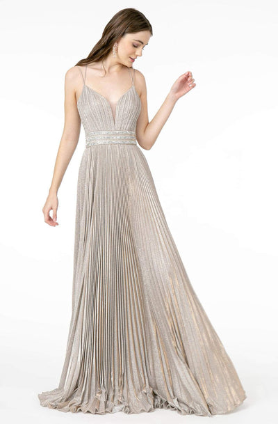 Elizabeth K - GL2905 Deep V Neck Pleated Metallic Glitter A-Line Gown Prom Dresses XS / Silver