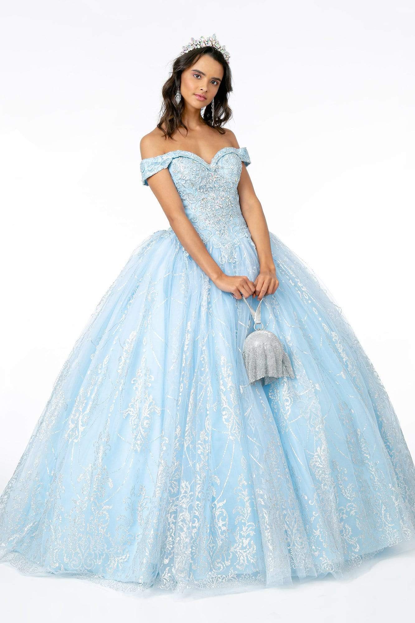 Elizabeth K - GL2910 Glitter Mesh Off-Shoulder Quinceanera Gown Quinceanera Dresses XS / Baby Blue