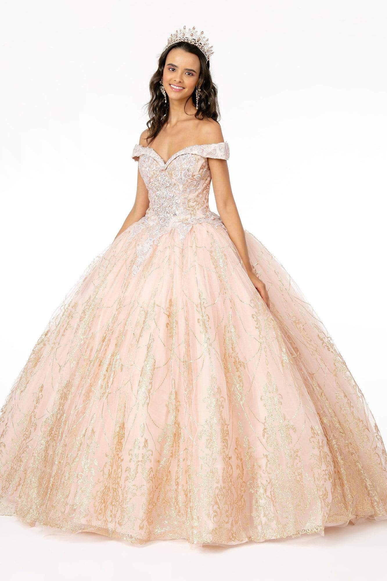 Elizabeth K - GL2910 Glitter Mesh Off-Shoulder Quinceanera Gown Quinceanera Dresses XS / Blush