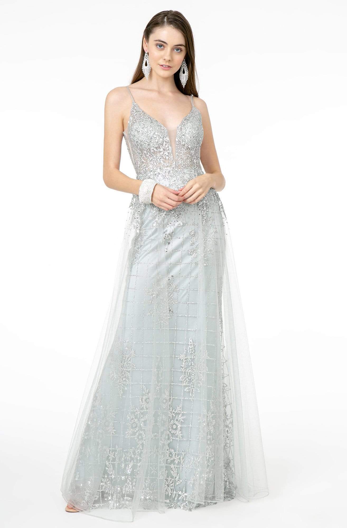 Elizabeth K - GL2924 Illusion Deep V-Neck Glitter Mesh Mermaid Gown Prom Dresses XS / Silver