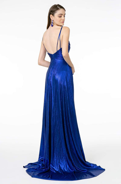 Elizabeth K - GL2927 Pleated V-Neck A-Line Gown With Slit And Train Prom Dresses