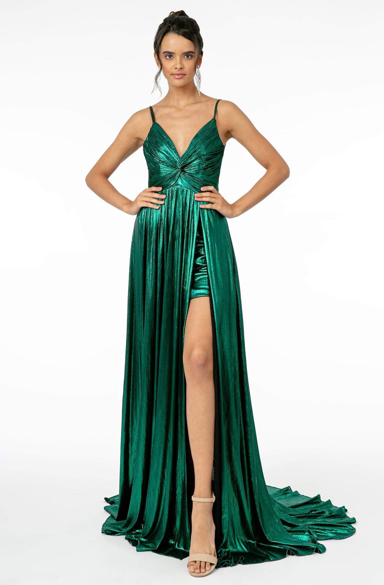 Elizabeth K - GL2927 Pleated V-Neck A-Line Gown With Slit And Train Prom Dresses XS / Green