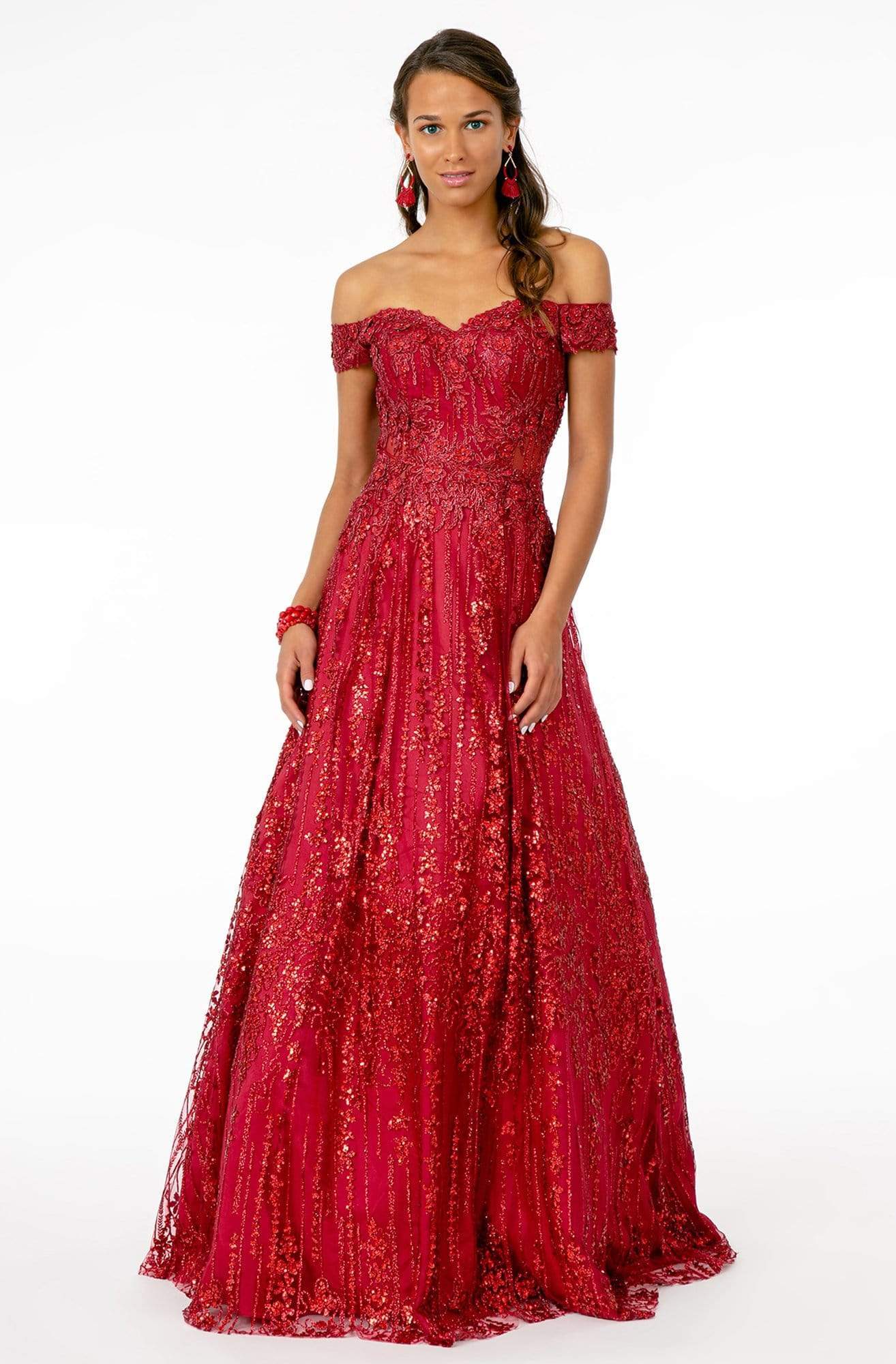 Elizabeth K - GL2941 Embroidered Off-Shoulder A-Line Gown Evening Dresses XS / Wine