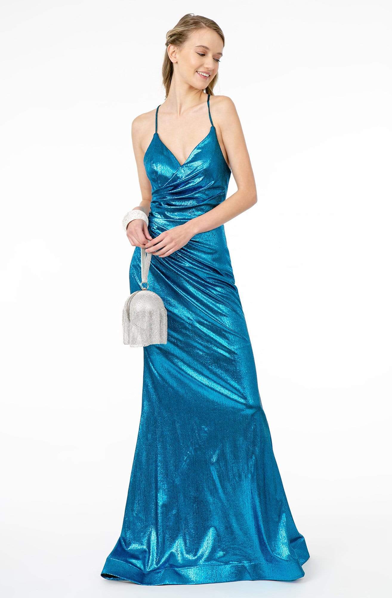 Elizabeth K - GL2943 Plunging V-Neck Ruched Trumpet Dress Evening Dresses XS / Turq