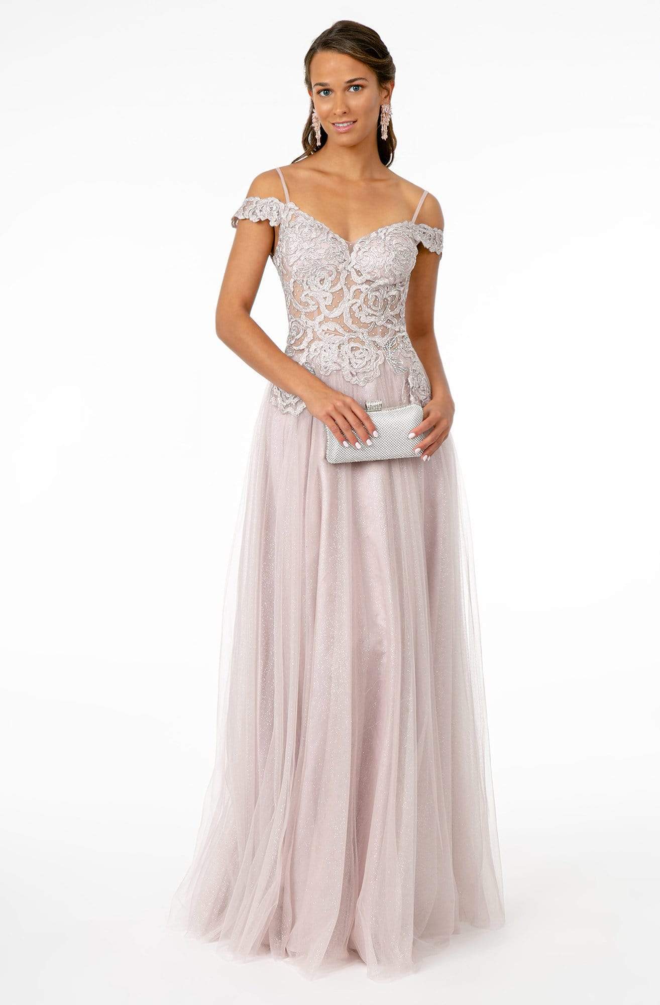 Elizabeth K - GL2953 Embroidered Off-Shoulder Mesh A-Line Gown Bridesmaid Dresses XS / Mauve