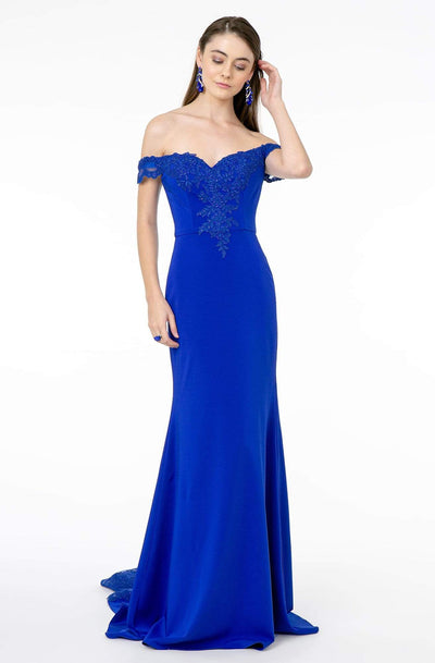 Elizabeth K - GL2958 Beaded Lace Appliqued Off Shoulder Jersey Gown Evening Dresses XS / Royal Blue