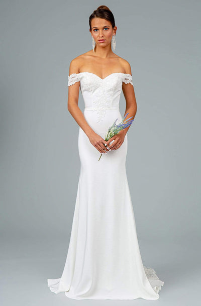 Elizabeth K - GL2958 Beaded Lace Appliqued Off Shoulder Jersey Gown Evening Dresses XS / White