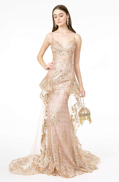 Elizabeth K - GL2959 Plunging V-Neck Glitter Mesh Trumpet Dress Evening Dresses XS / Mauve